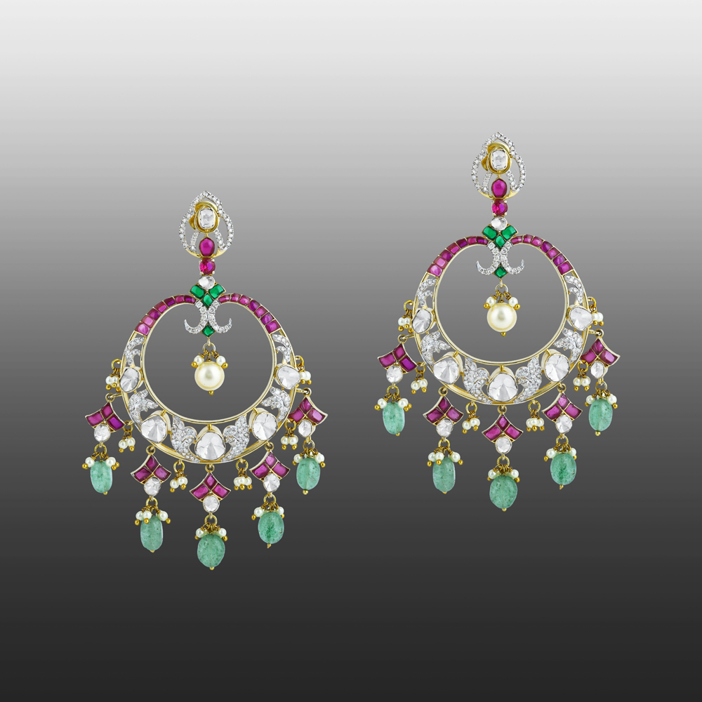 Polki Hoop Earrings with Emerald Drops, Pink Talaf, and Pearl Accents